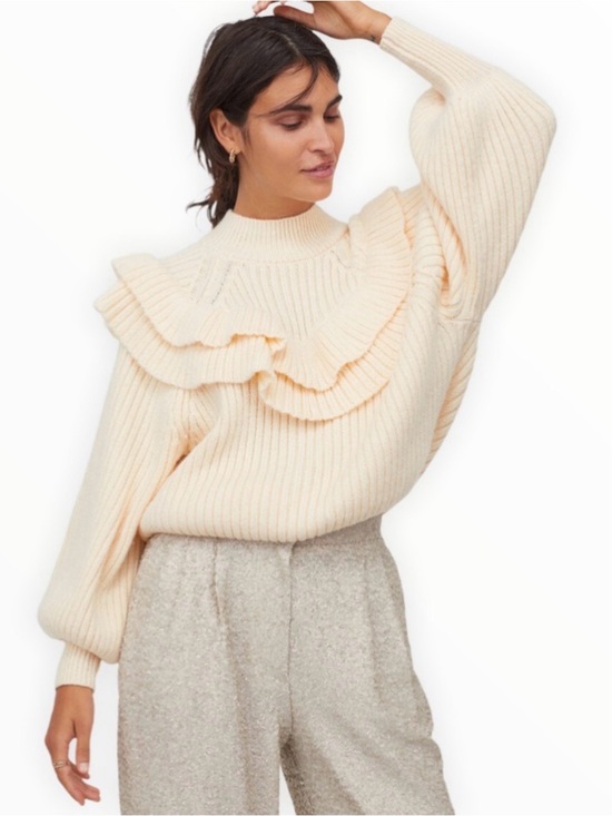 H&M Sweaters - H&M Cream Ruffle Flounced Mock Neck Puff Sleeve Chunky Sweater Size Medium